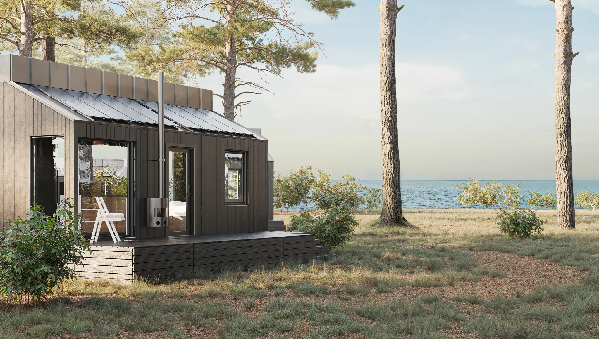 ONE Node among pines near the shore, with a timber deck.