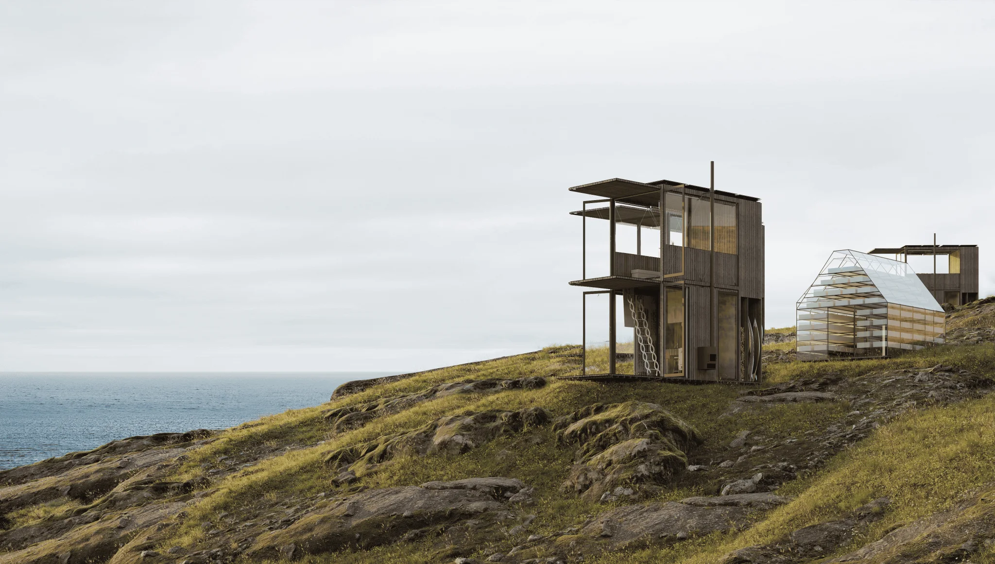 Air Nest on a grassy headland beside a small greenhouse.